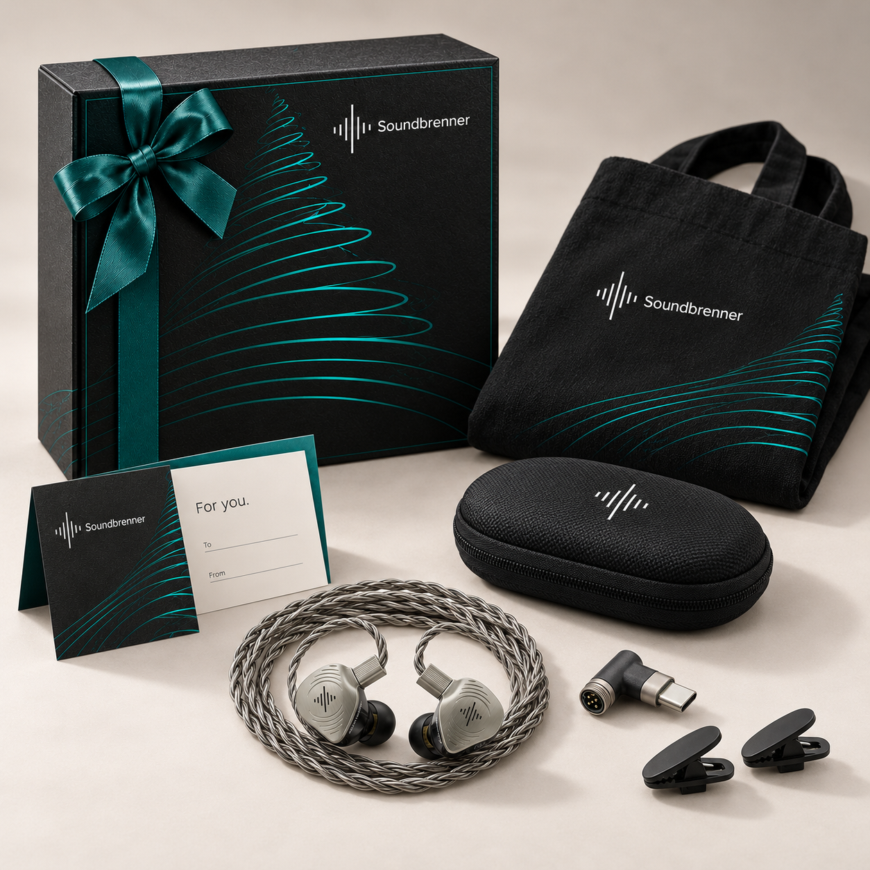 Wave Pro 2 gift set with teal ribbon gift box, tote, USB-C connector and cable clips